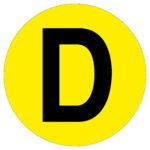 A large black D is prominently displayed on a bright yellow circular background, similar to the MH-USA Floor Identification Marker with a 7.48-inch diameter.