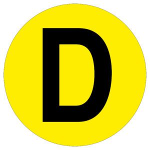 A large black D is prominently displayed on a bright yellow circular background, similar to the MH-USA Floor Identification Marker with a 7.48-inch diameter.