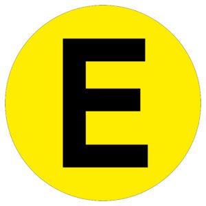 A large black E is centered on a bright yellow circle, resembling the MH-USA Floor Identification Marker - Letter E with a 7.48-inch diameter.