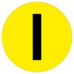 A black vertical line like the letter I is centered in a bright yellow circle on a white background, representing the MH-USA Floor Identification Marker with a 7.48-inch diameter.