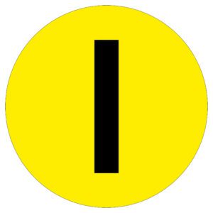 A black vertical line like the letter I is centered in a bright yellow circle on a white background, representing the MH-USA Floor Identification Marker with a 7.48-inch diameter.