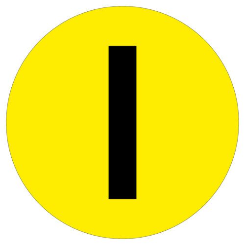 A black vertical line like the letter I is centered in a bright yellow circle on a white background, representing the MH-USA Floor Identification Marker with a 7.48-inch diameter.