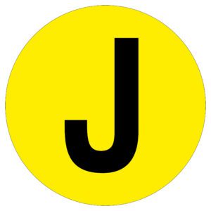 The MH-USA Floor Identification Marker showcases a bold black J centered in a bright yellow circle, measuring 7.48 inches in diameter.