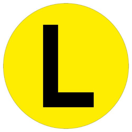 The symbol resembles a learner driver sign and the MH-USA Floor Identification Marker, featuring a black L on a yellow circle with a 7.48-inch diameter.
