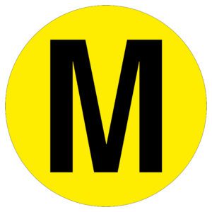 The MH-USA Floor Identification Marker features a large black M centered in a bright yellow circle with a 7.48-inch diameter.