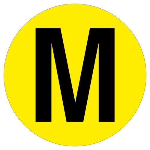 The MH-USA Floor Identification Marker features a large black M centered in a bright yellow circle with a 7.48-inch diameter.