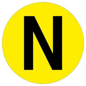 A bold black N is centered on a bright yellow circular background, featuring the MH-USA Floor Identification Marker with a diameter of 7.48 inches.