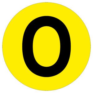 A large black letter O, akin to the MH-USA Floor Identification Marker - Letter O, is centered on a bright yellow circular background with a 190mm diameter.