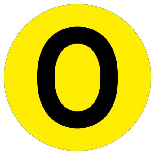 A large black letter O, akin to the MH-USA Floor Identification Marker - Letter O, is centered on a bright yellow circular background with a 190mm diameter.