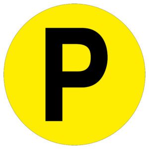 A yellow circular MH-USA Floor Identification Marker, featuring a large black P and measuring 7.48 inches in diameter.