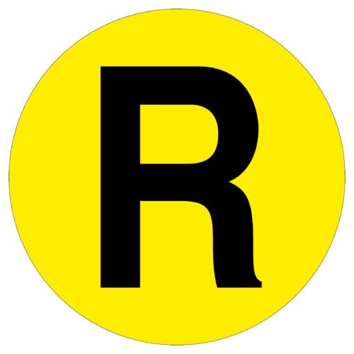 A prominent black R adorns a 7.48-inch bright yellow circle on a white background, making the MH-USA Floor Identification Marker stand out.