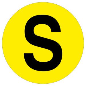 A bold black letter S is elegantly centered on a bright yellow circle, serving as an MH-USA Floor Identification Marker with a 7.48-inch diameter.