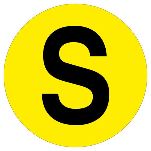A bold black letter S is elegantly centered on a bright yellow circle, serving as an MH-USA Floor Identification Marker with a 7.48-inch diameter.