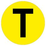 A large black T is centered on a bright yellow circular background in the style of an MH-USA Floor Identification Marker, Letter T, with its 7.48-inch diameter.