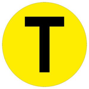 A large black T is centered on a bright yellow circular background in the style of an MH-USA Floor Identification Marker, Letter T, with its 7.48-inch diameter.