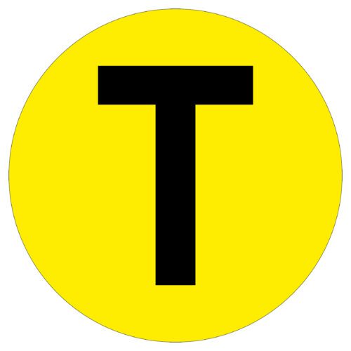 A large black T is centered on a bright yellow circular background in the style of an MH-USA Floor Identification Marker, Letter T, with its 7.48-inch diameter.