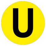 The MH-USA Floor Identification Marker, with the letter U in black, is centered on a vivid yellow circular background with a 7.48-inch diameter.