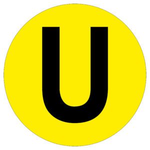 The MH-USA Floor Identification Marker, with the letter U in black, is centered on a vivid yellow circular background with a 7.48-inch diameter.