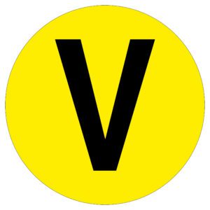 A bold black V is prominently displayed in the center of a bright yellow circle, evoking the MH-USA Floor Identification Marker. The striking design, with a diameter of 7.48 inches, commands attention.