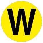 A large black W stands boldly on a vibrant yellow circular background, similar to the MH-USA Floor Identification Marker - Letter W with its 7.48-inch diameter design.