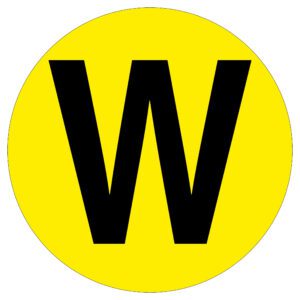A large black W stands boldly on a vibrant yellow circular background, similar to the MH-USA Floor Identification Marker - Letter W with its 7.48-inch diameter design.