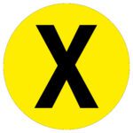 The MH-USA Floor Identification Marker features a large black X on a bright yellow 190mm diameter circle, centered against a white background.