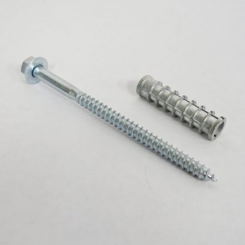 The TCT 6 Lag Bolt with a hexagonal head and ribbed masonry wall plug are showcased on a plain white background, offering durable, heavy-duty fastening with added protection from the shield.