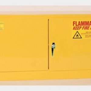 A yellow metal cabinet with two doors, labeled Flammable Keep Fire Away in red letters. It has a small hazard warning symbol and a lock on the right door.