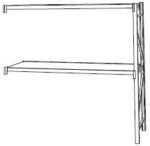 Line drawing of a minimalist two-tiered wall shelf with open ends and a simple bracket support on the right side.