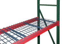 A steel warehouse storage rack featuring a green vertical support beam and red horizontal beams with wire mesh decking, designed for pallet storage and industrial use.
