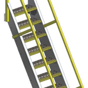 Illustration of a metal staircase with perforated steps, featuring yellow handrails on both sides. With a steep angle, these stairs are designed for industrial use and integrate seamlessly with customizable shelving systems for efficient workspace organization.