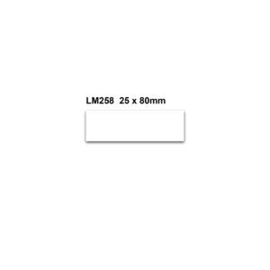 A white rectangular LM258 25 x 80mm box is next to MH-USA Magnetic Easy Wipe Location Markers, white, size H.0.98 in. x W.3.15 in., pack of 100, on a pristine white background.