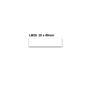 A white rectangular object labeled LM28 20 x 80mm is centered on a plain background, resembling the sleek design of MH-USA Magnetic Easy Wipe Location Markers in their H.0.79 in. x W.3.15 in. dimensions.