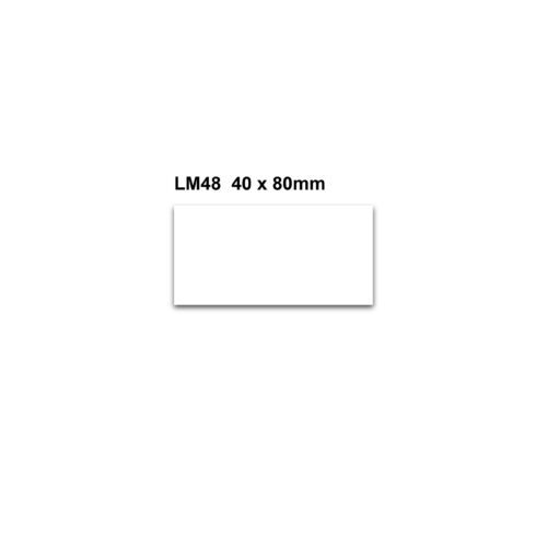 On a white background, a white rectangular label with center shadow features text: MH-USA Magnetic Easy Wipe Location Markers - White - H.1.57 in. x W.3.15 in. Fits spaces for LM48 measurement and comes in a 100-pack.
