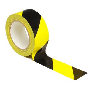 An unrolled MH-USA Floor Marking Tape, with bold black and yellow diagonal stripes, measures H.1.97 in. x W12.99 in.m and stands vertical against a plain white background.