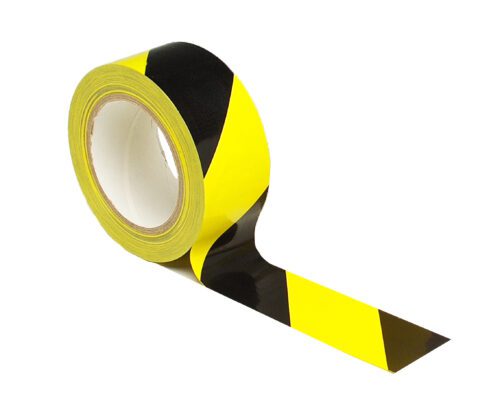 An unrolled MH-USA Floor Marking Tape, with bold black and yellow diagonal stripes, measures H.1.97 in. x W12.99 in.m and stands vertical against a plain white background.