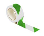 A partially unrolled MH-USA Floor Marking Tape, measuring H.1.97 in. x W12.99 in., shows its distinct green and white diagonal stripes on a crisp white background.