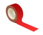 An unspooled roll of MH-USA Floor Marking Tape (H.1.97 in. x W12.99 in.) displays its adhesive side up, featuring a cardboard core against a white backdrop, emphasizing its vibrant red hue and functional design.