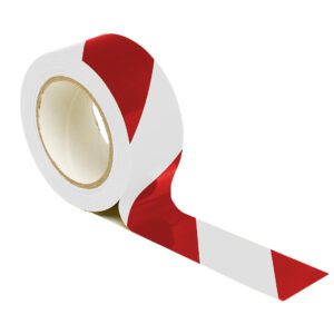 An MH-USA Floor Marking Tape, measuring H.1.97 in. x W12.99 in., lies partially unrolled, featuring red and white diagonal stripes ideal for safety and barriers, enhancing caution in any marked area.
