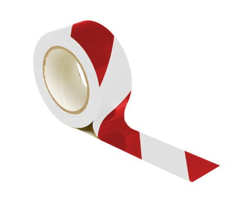 An MH-USA Floor Marking Tape, measuring H.1.97 in. x W12.99 in., lies partially unrolled, featuring red and white diagonal stripes ideal for safety and barriers, enhancing caution in any marked area.