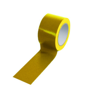 A partially unrolled roll of MH-USA Floor Marking Tape - H.2.95 in. x W12.99 in. - Yellow shows its reflective surface, with a smooth texture that stands out against the plain white background, reminiscent of shiny metallic gold tape.
