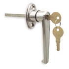 Silver door handle with a built-in lock mechanism, featuring two brass keys inserted in the keyhole. The handle is attached to part of a door, depicted on a white background.
