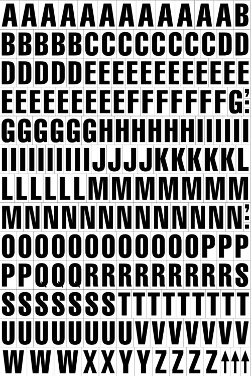 A grid of bold uppercase black letters on a white background, using the MH-USA Magnetic Mixed Letters (H.0.91 in.). Each letter repeats four times from A to Z, creating an orderly and striking visual display.