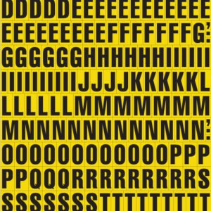 A grid of black capital letters on a yellow background, using MH-USA Magnetic Mixed Letters - H.0.91 in., starts with As and ends with Zs alphabetically.