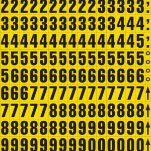 Bold black numbers and symbols with MH-USA Magnetic Mixed Numbers - H.0.91 in. - Yellow on a vibrant yellow background, with rows repeating digits from 1 to 0 and the last row displaying symbols like semicolon, right arrow, up arrow, and percent sign.