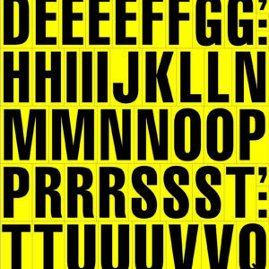 Bold black letters and directional arrows adorn a vivid yellow background, featuring MH-USA Magnetic Mixed Letters - H.1.69 in. This set includes multiple As through Zs alongside upwards arrows, creating a striking visual for any setting.