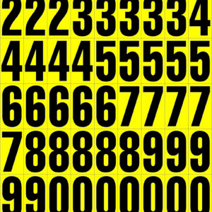 Bold black numbers from 1 to 9, repeated in a grid on a yellow background, designed using MH-USA Magnetic Mixed Numbers - H.1.69 in. Below are five zeros, percentage sign, forward slash, colon, apostrophe, and three upward arrows.