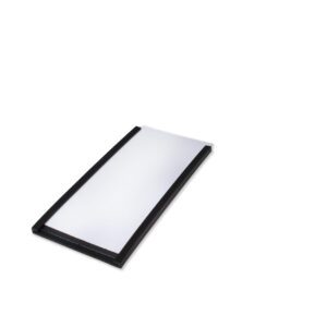 A rectangular black solar panel with a white surface sits at an angle on a white background, mirroring the sleek design of the MH-USA Magnetic Label Holder measuring H.1.57 in. x W.3.15 in., sold in packs of 100.