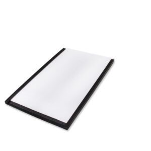 A rectangular, flat white object with a thin black border on a white surface resembles an MH-USA Magnetic Label Holder (H.2.36 in. x W.3.94 in.), evoking the sleek design of a small light panel, ideal for organized displays.