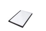 A blank white notepad with a black border is slightly angled on a white surface, binding on top. Next to it, an MH-USA Magnetic Label Holder (H.2.36 in. x W.7.87 in.) enhances organization with its sleek design, available in packs of 50.
